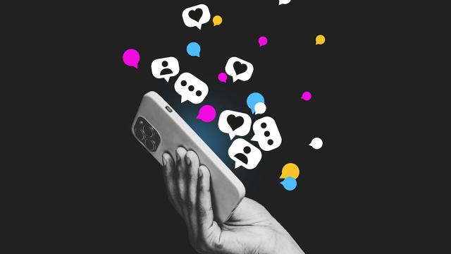 social media graphic - hand holding phone with reaction bubbles flying